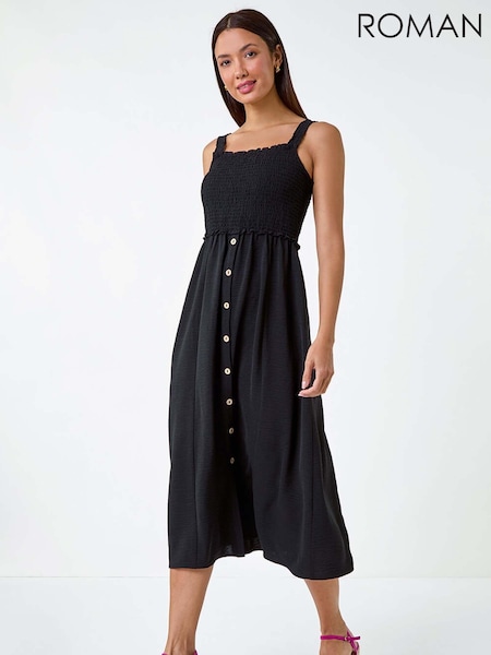 Roman Black Plain Shirred Button Detail Midi Dress (E70096) | £42