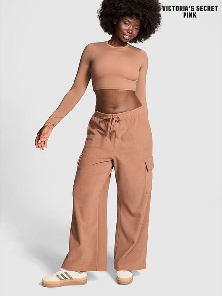 Victoria's Secret PINK Toffee Brown Fleece Wide Leg Cargo Joggers (E70370) | £24