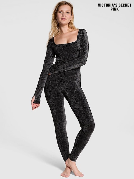 Victoria's Secret PINK Black Shine Seamless Square Neck Jumpsuit (E70387) | £59 - £60