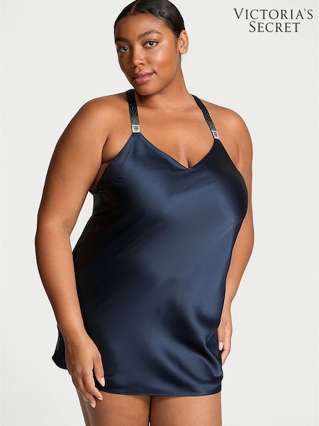 Victoria's Secret Dark Twilight Blue Shine Strappy Back Satin Slip Dress (E70397) | £69