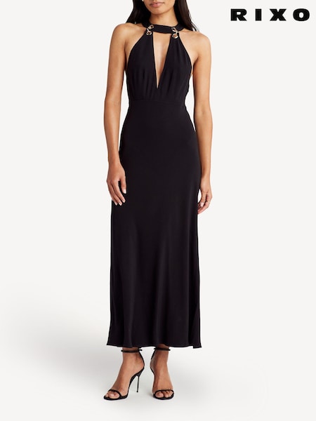 Rixo Black Eleanora Halter Neck Maxi Dress (E70422) | £145