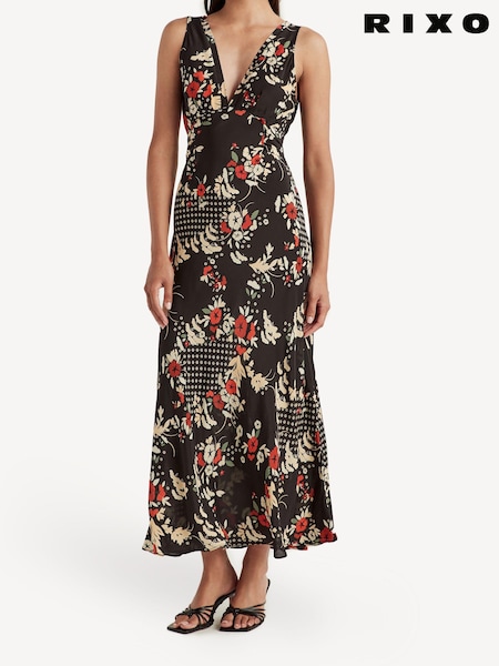 Rixo Black Lauriane Floral Midi Dress (E70427) | £135