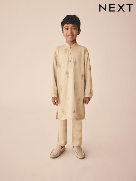 Neutral Leaf Embroidered Eid Kurta (3mths-16yrs) (E71291) | £26 - £33