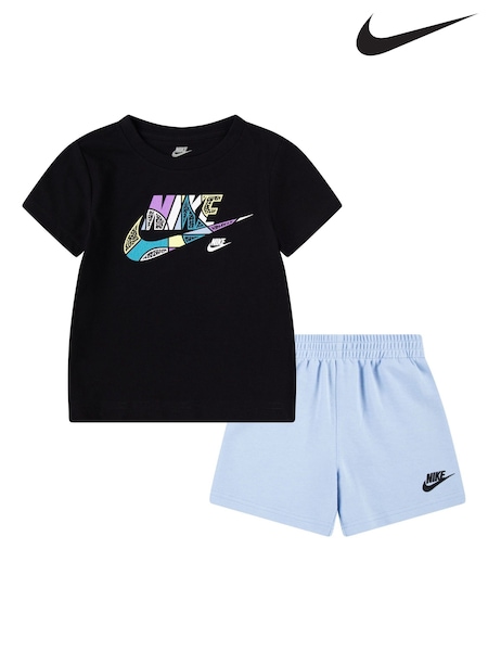 Nike Blue Little Kids Printed Logo T-Shirt and Shorts Set (E71311) | £35
