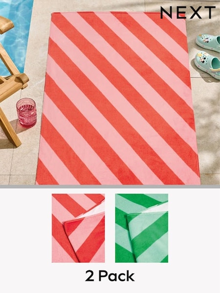 2 Pack Pink/Green 100% Cotton Stripe Beach Towels (E71475) | £26