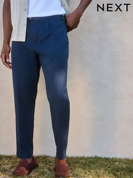 Navy Blue Regular Fit Cotton Linen Blend Trousers with Side Adjuster (E71561) | £40