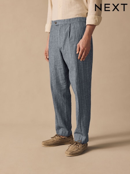 Blue Regular Fit Linen Blend Stripe Elasticated Back Trousers (E71562) | £36