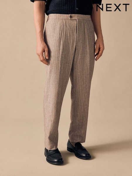 Neutral Regular Fit Linen Blend Stripe Elasticated Back Trousers (E71565) | £36
