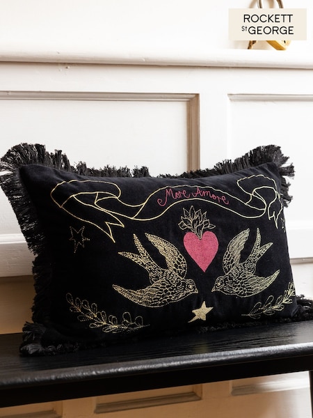 Rockett St George Black More Amore Embroidered Velvet Cushion (E71576) | £28