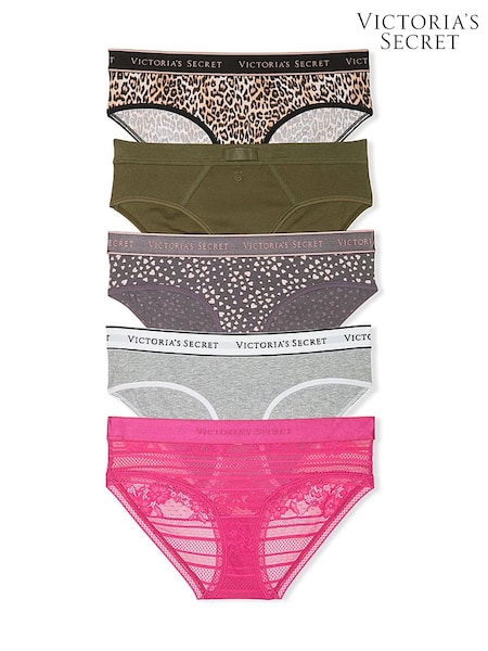 Victoria's Secret Brown/Green/Grey/Pink Hipster Logo 5 Pack Knickers (E71990) | £27