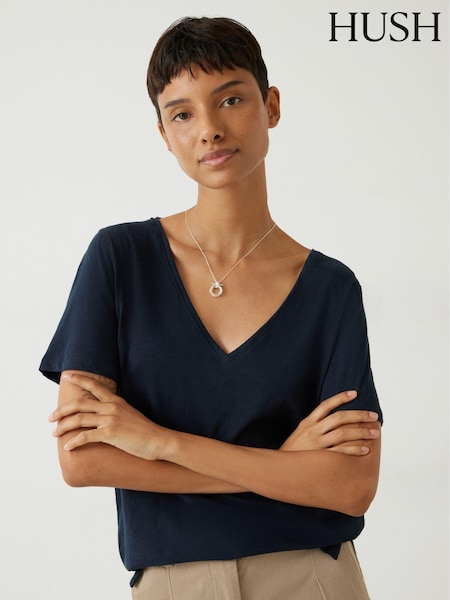Hush Dark Blue Kali 100% Cotton Slub V-Neck T-Shirt (E72515) | £29