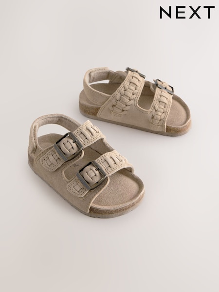 Stone Woven Suede Leather Double Buckle Cushioned Footbed Sandals (E72673) | £20 - £22