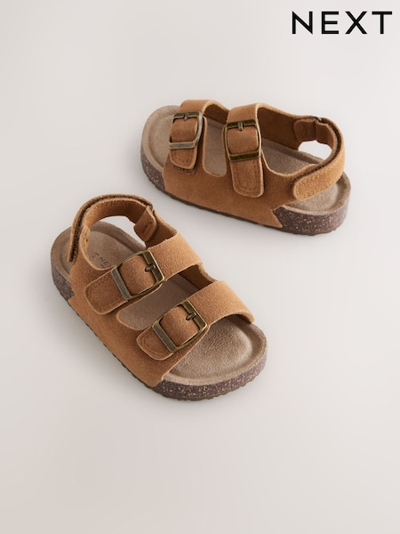 Tan Brown Standard Fit (F) Suede Leather Double Buckle Cushioned Footbed Sandals (E72675) | £16 - £20