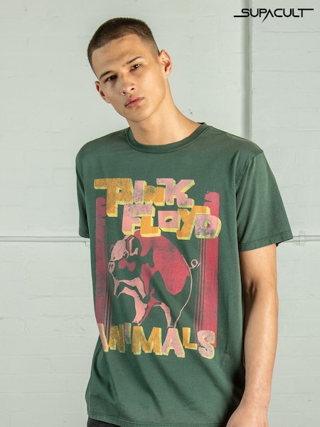 Supacult Green Pink Floyd Animals Men Washed Music T-Shirt (E73625) | £44