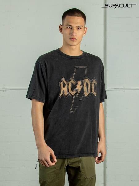 Supacult Black ACDC Distress Flash Men Washed Music T-Shirt (E73642) | £44