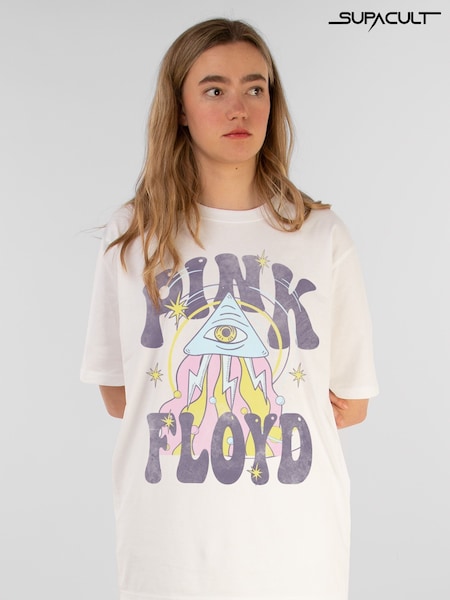 Supacult White Pink Floyd Triangle Eye Women Boyfriend Fit Music T-Shirt (E73648) | £44