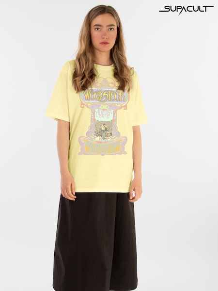 Supacult Yellow Woodstock Cross Women Lemon Boyfriend Fit Music T-Shirt (E73650) | £38