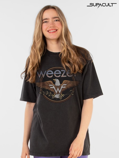 Supacult Black Weezer Logo Women Washed Boyfriend Fit Music T-Shirt (E73657) | £44