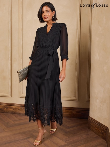 Black - Love & Roses Pleated Chiffon Lace Midi Dress