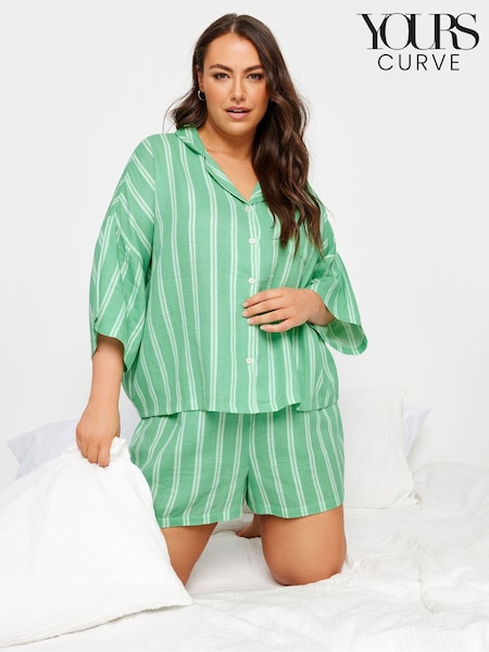 Yours Curve Green Stripe Double Cloth 100% Cotton Pyjamas Set (E74187) | £31