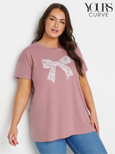 Yours Curve Pink Diamante Bow Print T-Shirt (E74199) | £19