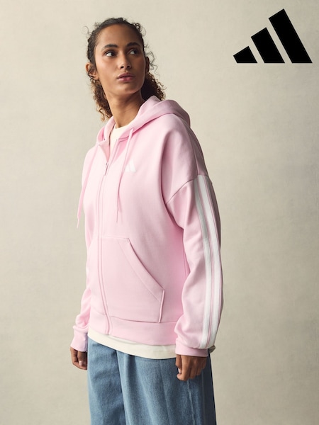 adidas Pink Essentials 3-Stripes Full Zip Fleece Hoodie (E74677) | £45