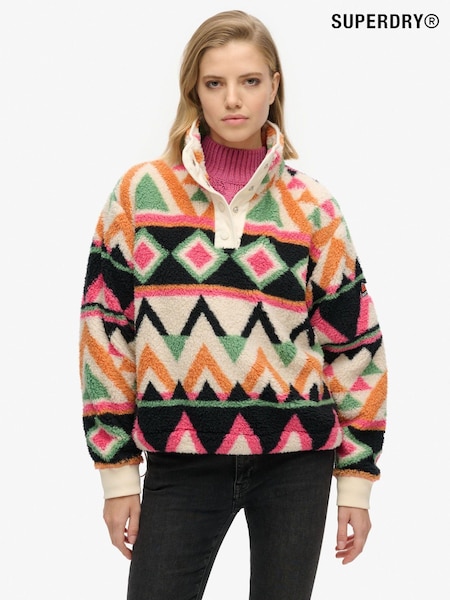 Superdry White Pink Supersoft Printed Henley 100% Cotton Sweatshirt (E75028) | £65