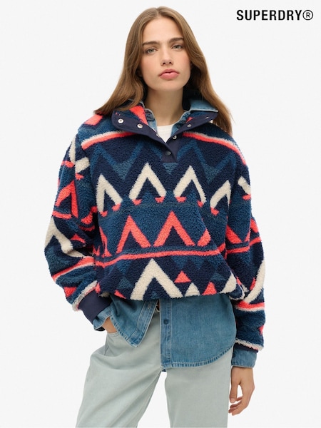 Superdry Blue Pink Supersoft Printed Henley 100% Cotton Sweatshirt (E75030) | £65