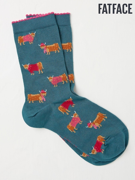 FatFace Blue Teal Womens Highland Cow in Jumper Socks 1 Pack (E75180) | £2