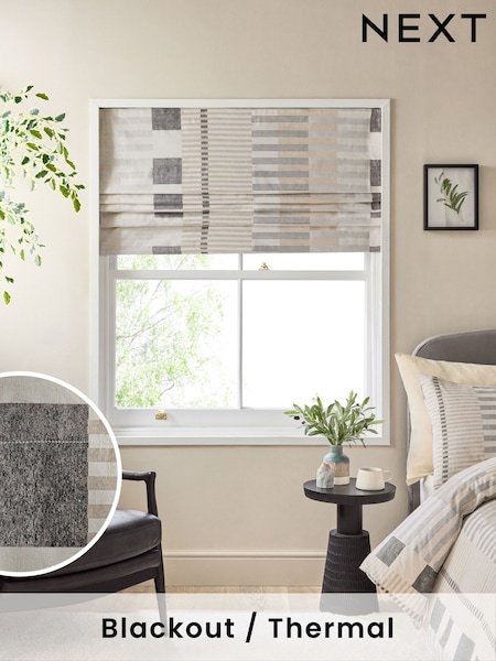 Grey/Natural Ready Made Blackout/Thermal Stripe Geometric Roman Blind (E75263) | £45 - £100