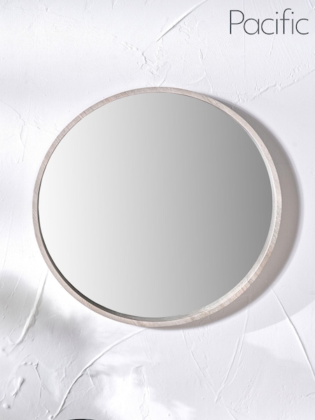 Pacific Grey Oak Wood Veneer Slim Frame Round Wall Mirror (E75992) | £100