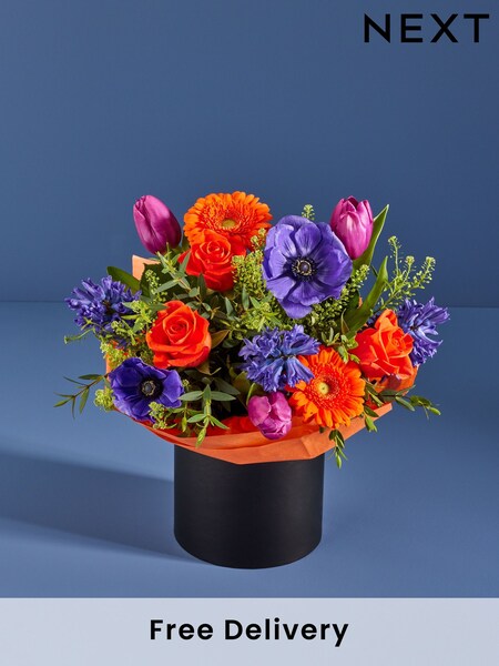 Blue/Orange Tulip and Hyacinth Fresh Flower Bouquet in Hatbox (E76567) | £35