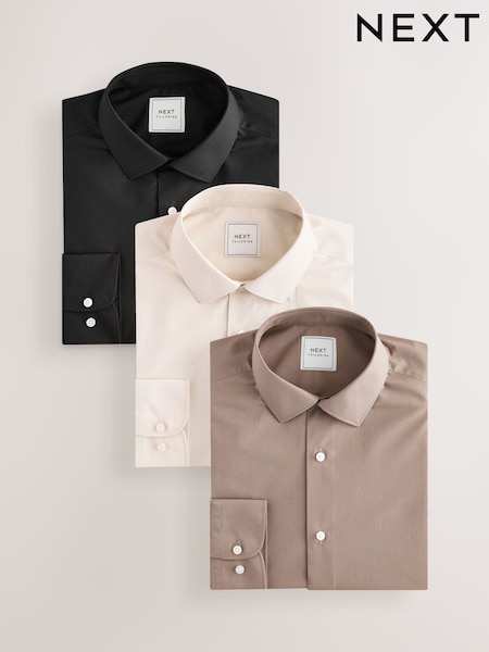 Neutral/Ecru/Black Slim Fit Easy Care Textured Single Cuff Smart Shirts 3 Pack (E76981) | £64
