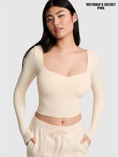Victoria's Secret PINK White Shell Cropped Fitted Long Sleeve Top (E77112) | £35
