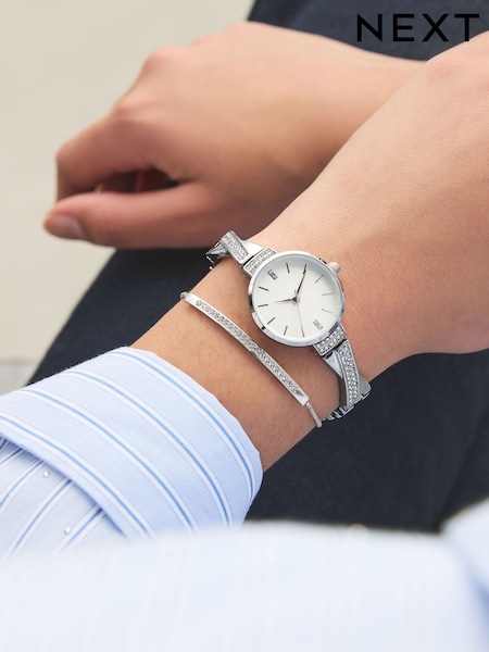 Silver Sparkle Bracelet Watch Set (E77763) | £46