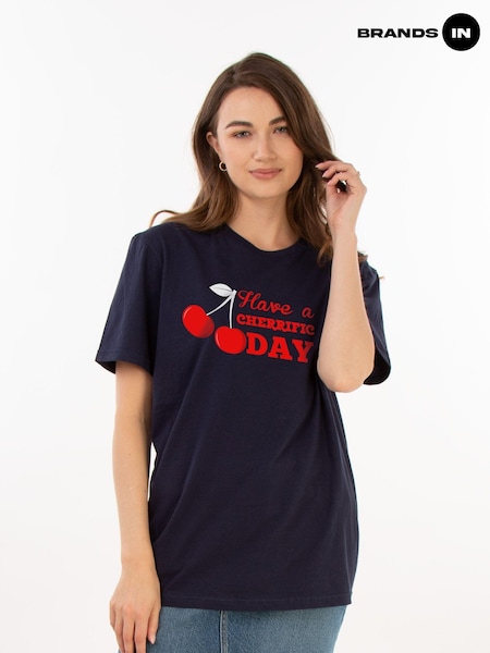 Brands In Blue Women Boyfriend Fit Have A Cherrific Day 100% Cotton T-Shirt (E78473) | £22