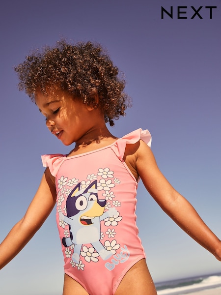 Coral Pink Flower Print Bluey License Frill Shoulder Swimsuit (12mths-7yrs) (E78955) | £13 - £15