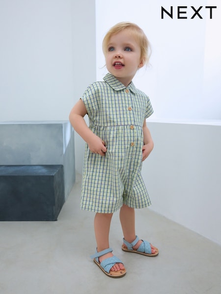 Green Shirt Collar 100% Cotton Playsuit (3mths-7yrs) (E79488) | £14 - £16