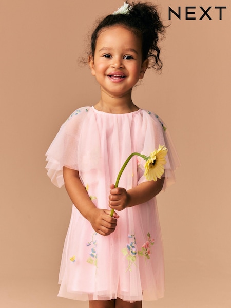 Pink Angel Sleeve Embroidered Mesh Dress (3mths-8yrs) (E79561) | £24 - £30