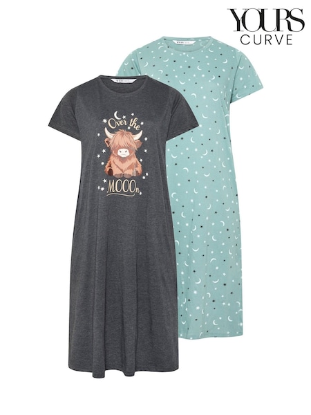 Grey - Yours Curve Highland Cow Midaxi Nightdresses 2 Pack