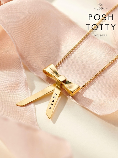 Posh Totty Designs Gold Tone Personalised Bow Charm Necklace (E79763) | £59