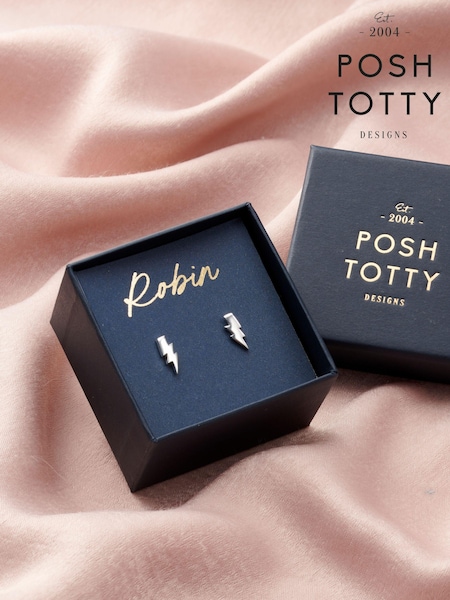 Posh Totty Designs Silver Tone Personalised Lightning Bolt Stud Earrings (E79765) | £36
