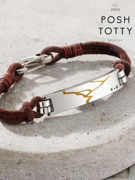 Posh Totty Designs Mens Silver Tone Leather Cord Personalised Kintsugi Bracelet (E79766) | £59