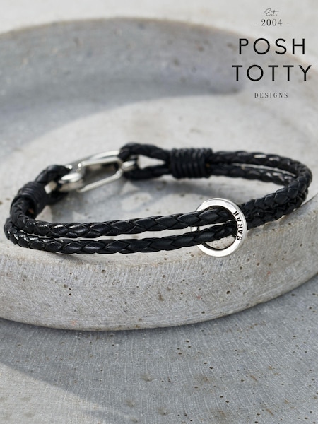 Posh Totty Designs Mens Silver Tone Personalised Double Leather Message Bracelet (E79768) | £63