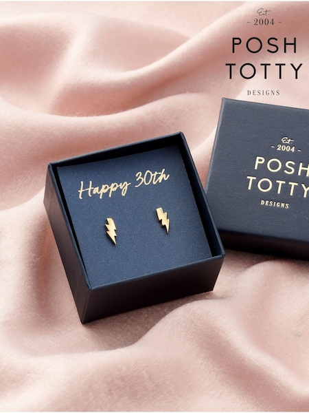Posh Totty Designs Gold Tone Personalised Lightning Bolt Stud Earrings (E79772) | £46