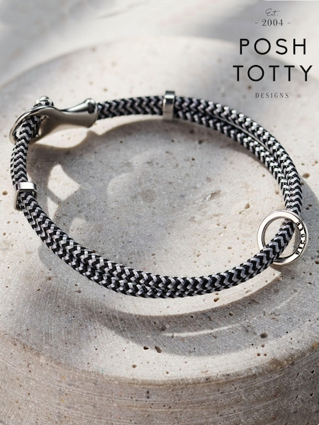 Posh Totty Designs Mens Silver Tone Personalised Heringbone Leather Message Bracelet (E79773) | £59