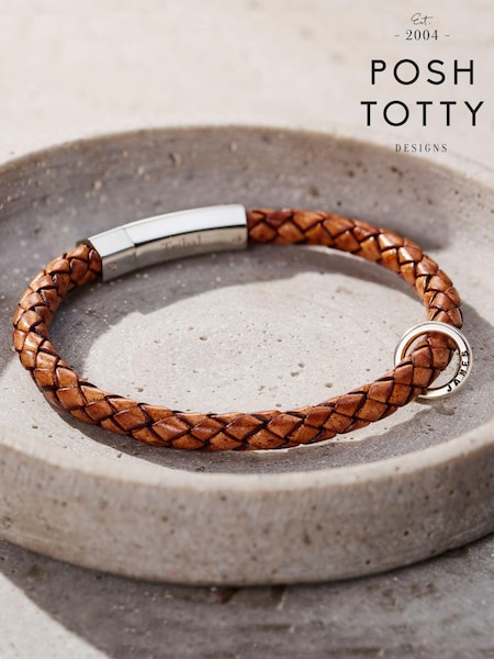 Posh Totty Designs Mens Gold Tone Personalised Message Plaited Leather Bracelet (E79777) | £59