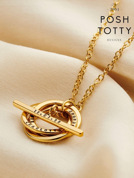 Posh Totty Designs Gold Tone Personalised Russian Ring T Bar Lariat Necklace (E79778) | £145