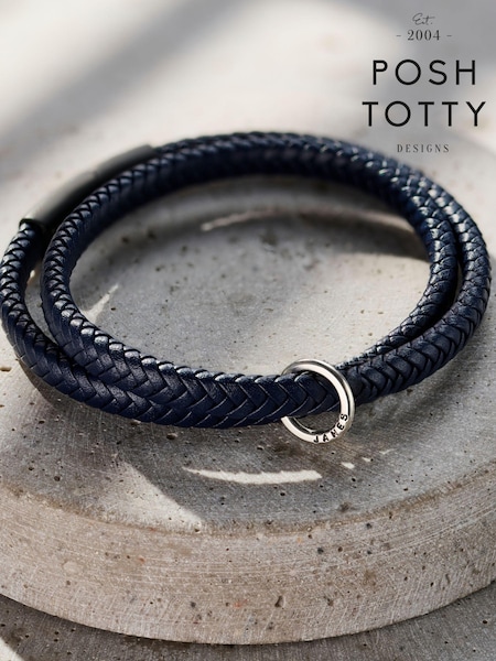 Posh Totty Designs Mens Silver Tone Personalised Leather Message Bracelet (E79779) | £63