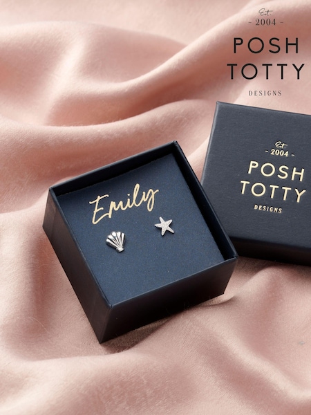 Posh Totty Designs Silver Tone Personalised Starfish and Shell Stud Earrings (E79781) | £36